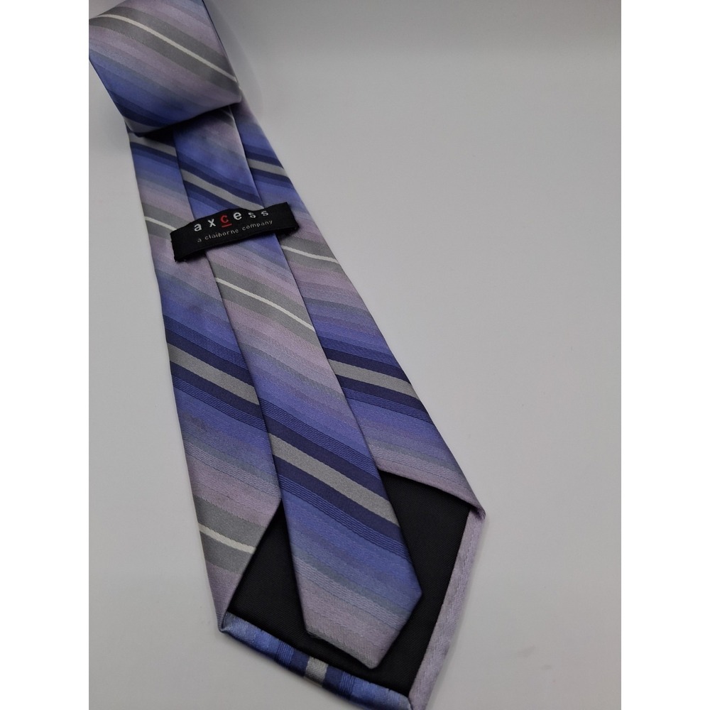 Axcess Tie Mens One Size Gray Purple Stripe 100% Silk Woven Hand Made Necktie